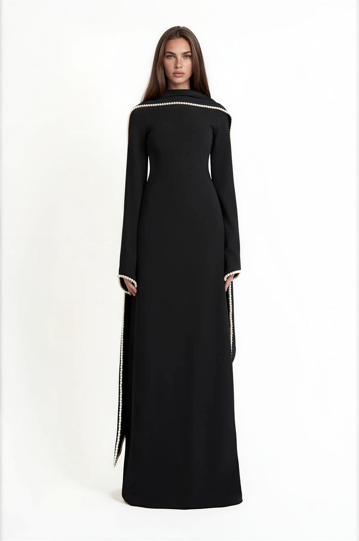 Seraphina Black Pearl Trim Shawl Detail Maxi Dress
