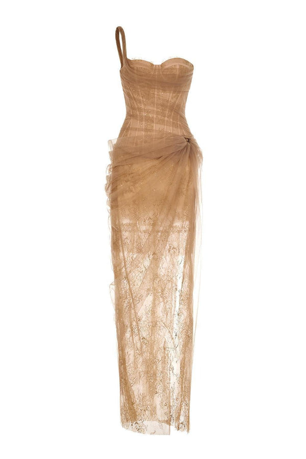 Marvel Lace Corset One Shoulder Midi Dress - Brown