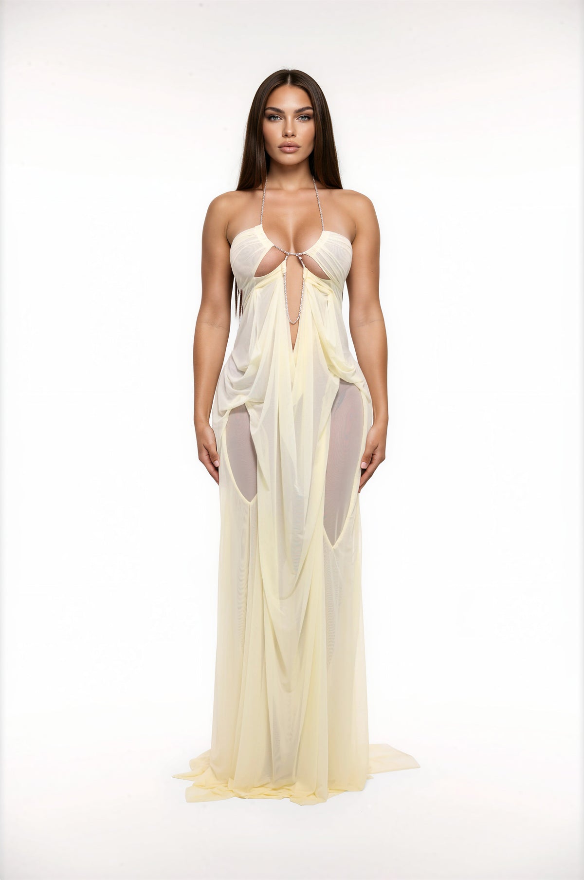 Greque Plunge Chain Asymmetric Maxi Dress In Yellow