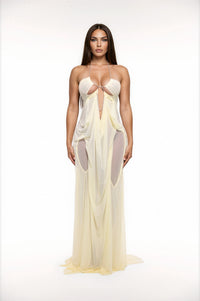 Greque Plunge Chain Asymmetric Maxi Dress In Yellow