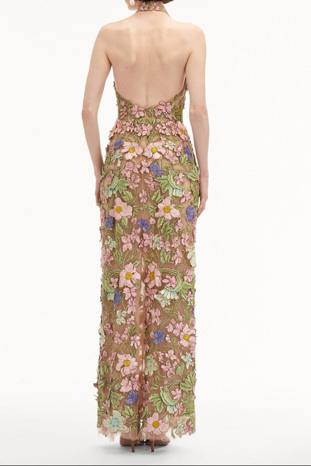 Valenos Art Nouveau 3D Floral Halter Sheer Maxi Gown