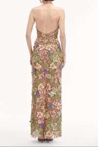 Valenos Art Nouveau 3D Floral Halter Sheer Maxi Gown