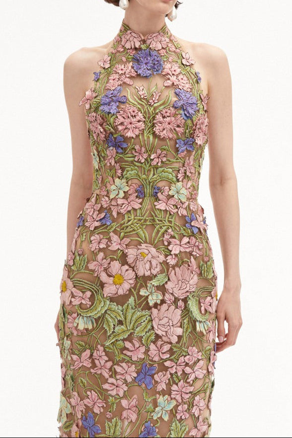 Valenos Art Nouveau 3D Floral Halter Sheer Maxi Gown