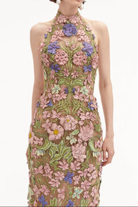Valenos Art Nouveau 3D Floral Halter Sheer Maxi Gown