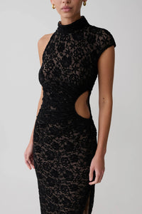 Niihai Floral Lace High Neck Side Cutout Maxi Dress