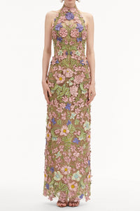 Valenos Art Nouveau 3D Floral Halter Sheer Maxi Gown