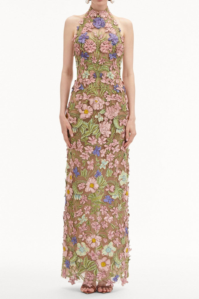 Valenos Art Nouveau 3D Floral Halter Sheer Maxi Gown