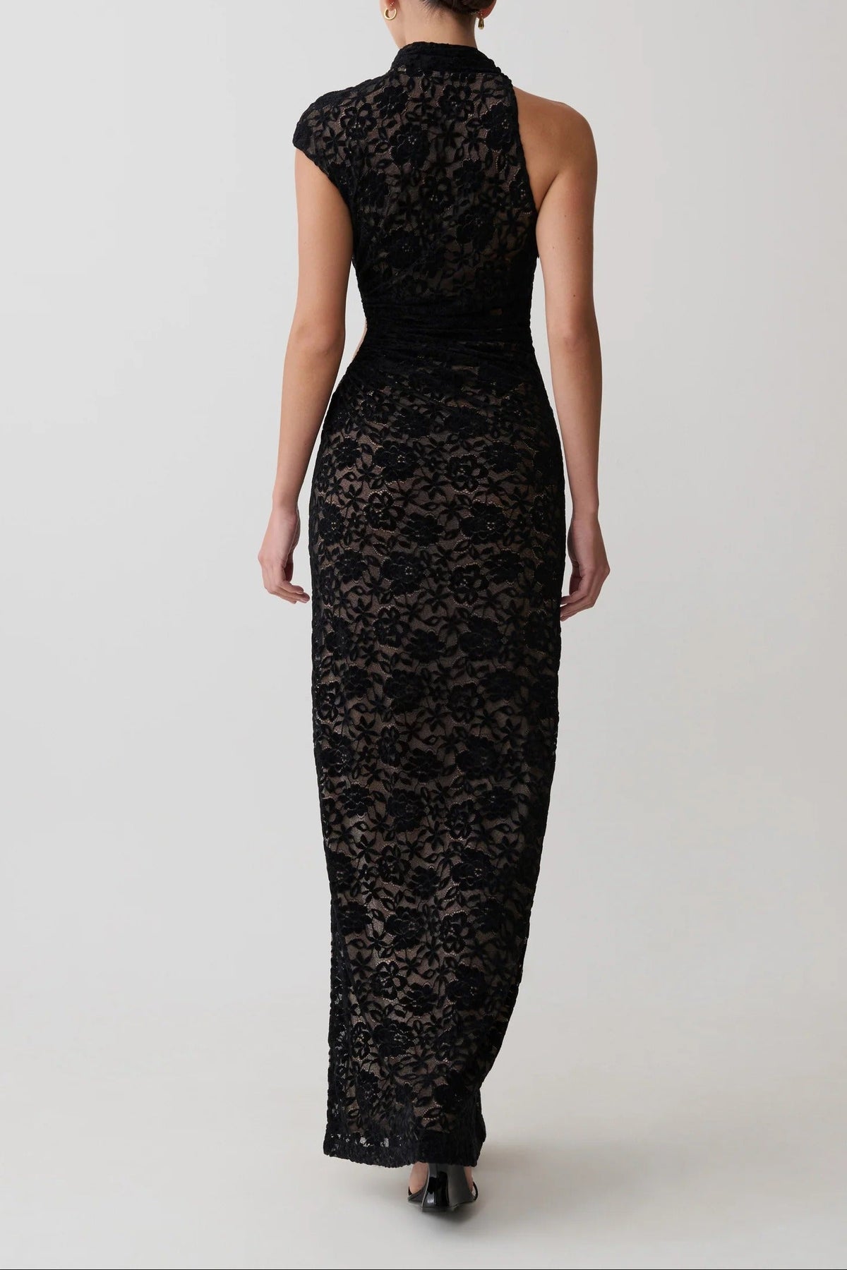 Niihai Floral Lace High Neck Side Cutout Maxi Dress