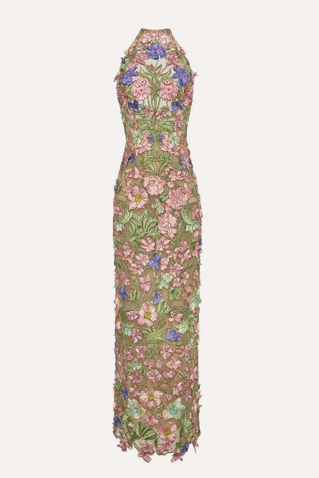 Valenos Art Nouveau 3D Floral Halter Sheer Maxi Gown