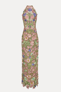 Valenos Art Nouveau 3D Floral Halter Sheer Maxi Gown