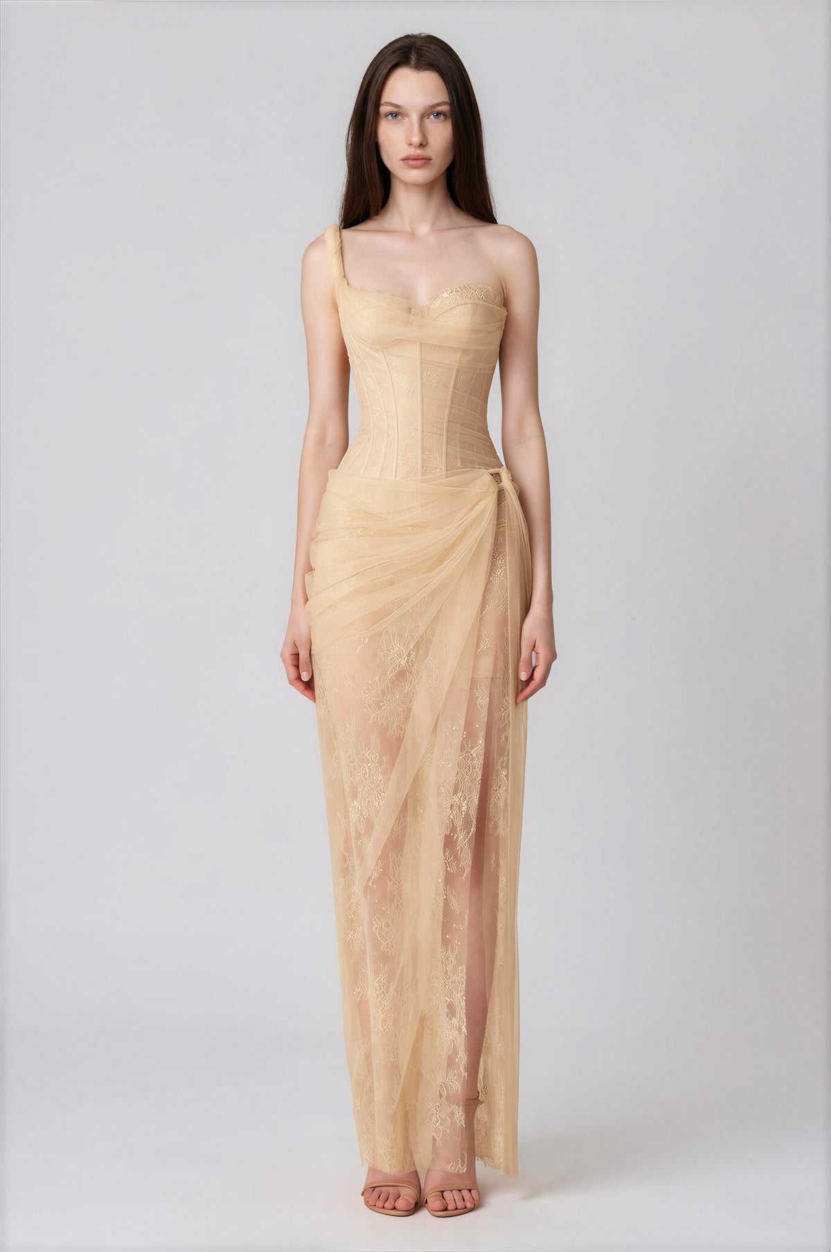 Marvel Lace Corset One-Shoulder Midi Dress