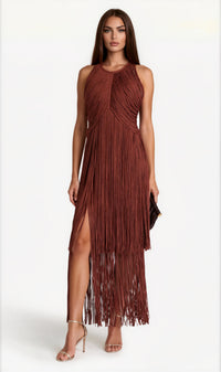 Delta Rusty Red Halterneck Fringed Maxi Gown
