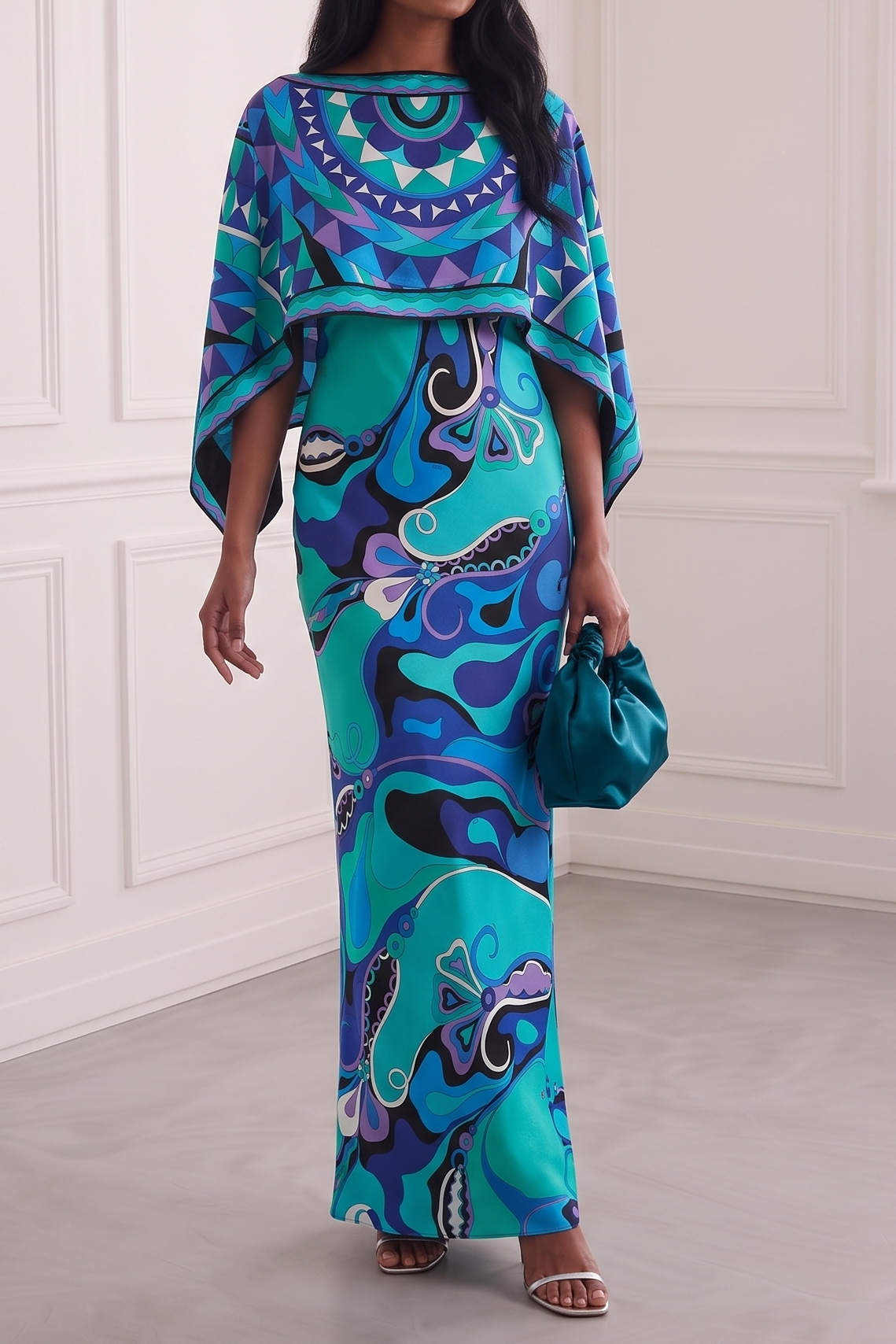 Manoliza Geometric Swirl Print Cape‑Overlay Maxi Dress