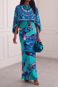 Manoliza Geometric Swirl Print Cape‑Overlay Maxi Dress