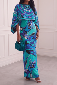 Manoliza Geometric Swirl Print Cape‑Overlay Maxi Dress